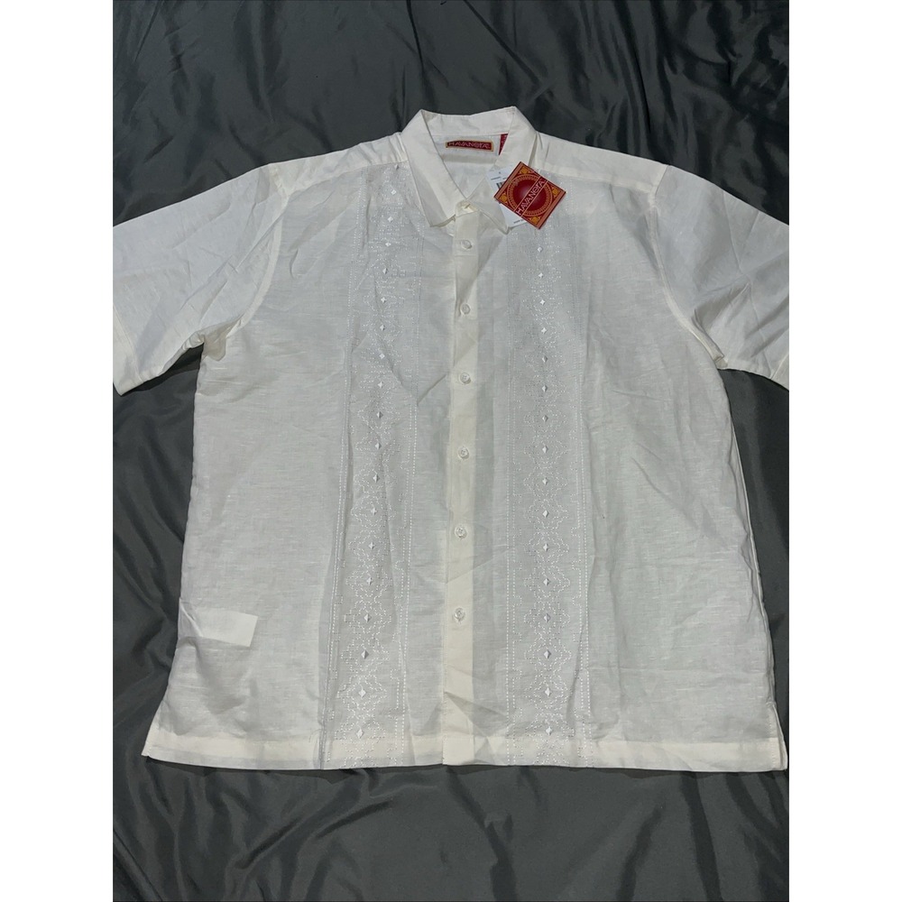 Havanera Men's XL Cuban Shirt White Linen Textured Wedding Beach Casual Travel‎